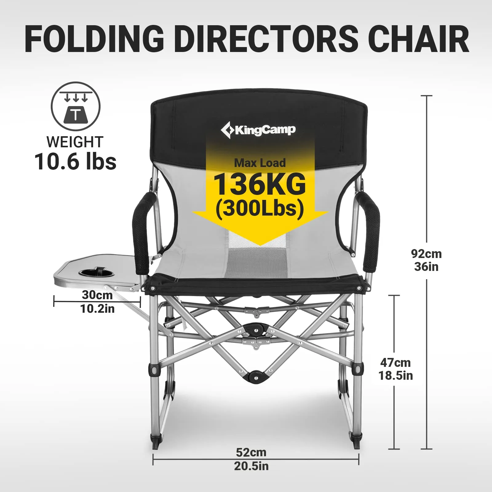 KingCamp Folding Camping Chair, Heavy Duty Director's Seat for Adults Outside, Portable Lawn Chairs with Side Table Breathable Mesh Back Compact Style for Outdoor Sports (Black-2 Pack)
