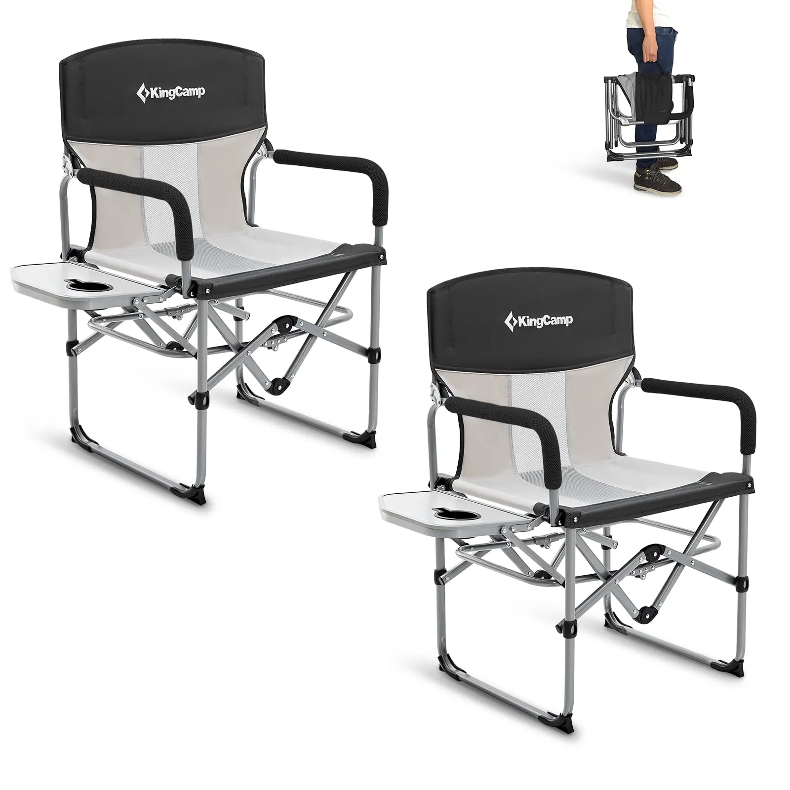 KingCamp Folding Camping Chair, Heavy Duty Director's Seat for Adults Outside, Portable Lawn Chairs with Side Table Breathable Mesh Back Compact Style for Outdoor Sports (Black-2 Pack)