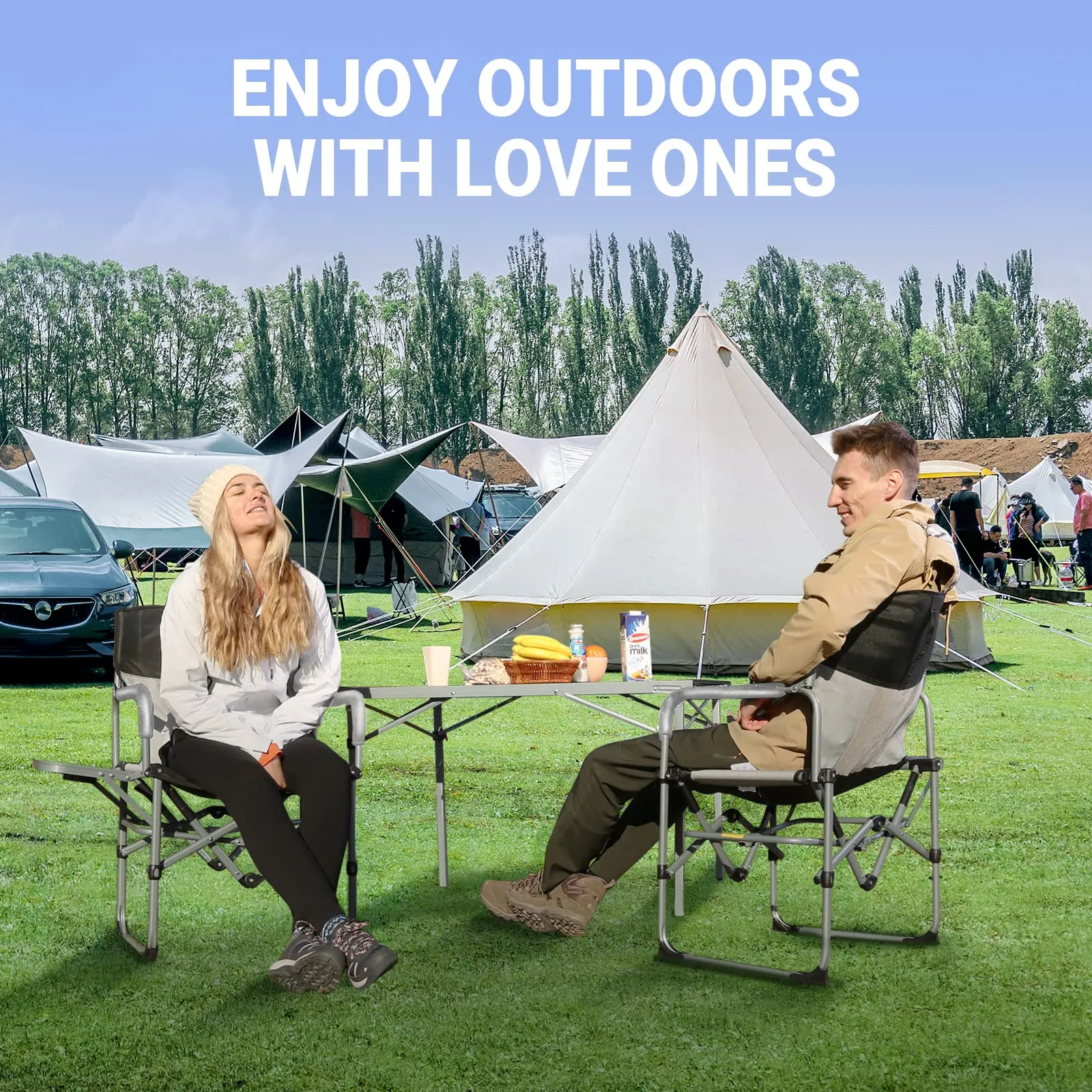 KingCamp Folding Camping Chair, Heavy Duty Director's Seat for Adults Outside, Portable Lawn Chairs with Side Table Breathable Mesh Back Compact Style for Outdoor Sports (Black-2 Pack)