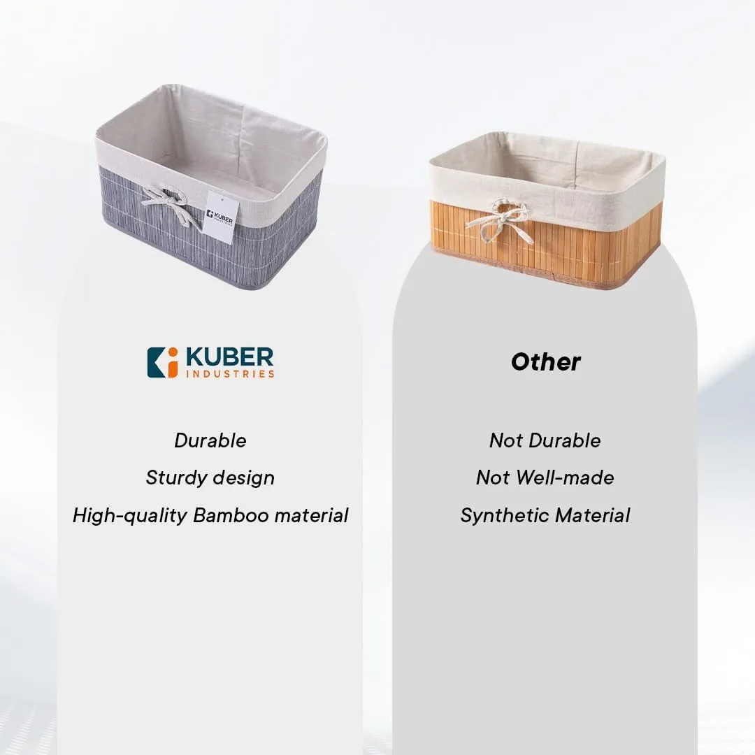 Kuber Industries Pack of 8 Bamboo Storage Basket With Liner|Fodable Storage Organizer|Box For Cloth, Toiletry, Bathroom|Capacity 12.9L, 6L, 3L, 3.3L|GREY|
