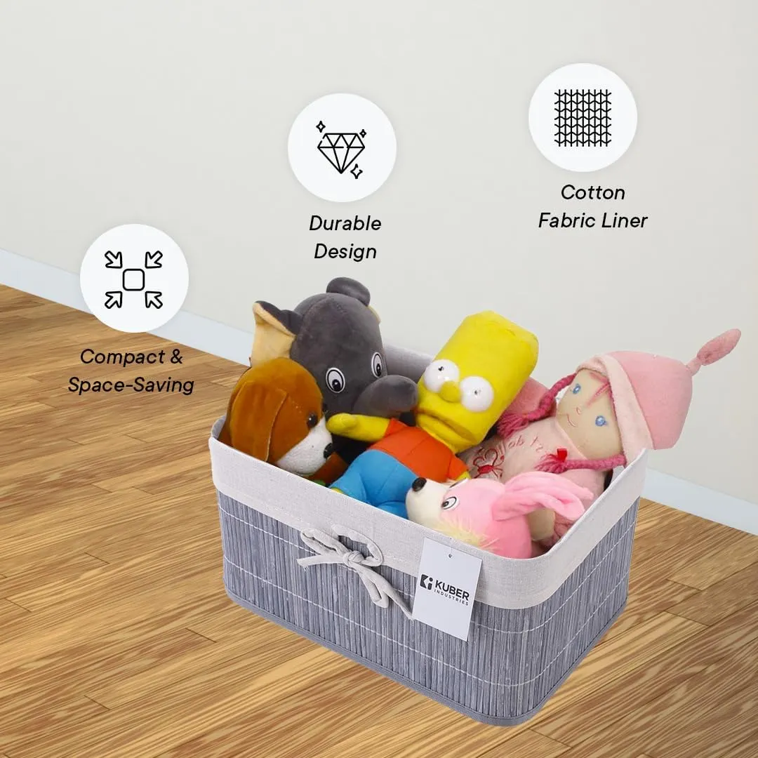 Kuber Industries Pack of 8 Bamboo Storage Basket With Liner|Fodable Storage Organizer|Box For Cloth, Toiletry, Bathroom|Capacity 12.9L, 6L, 3L, 3.3L|GREY|
