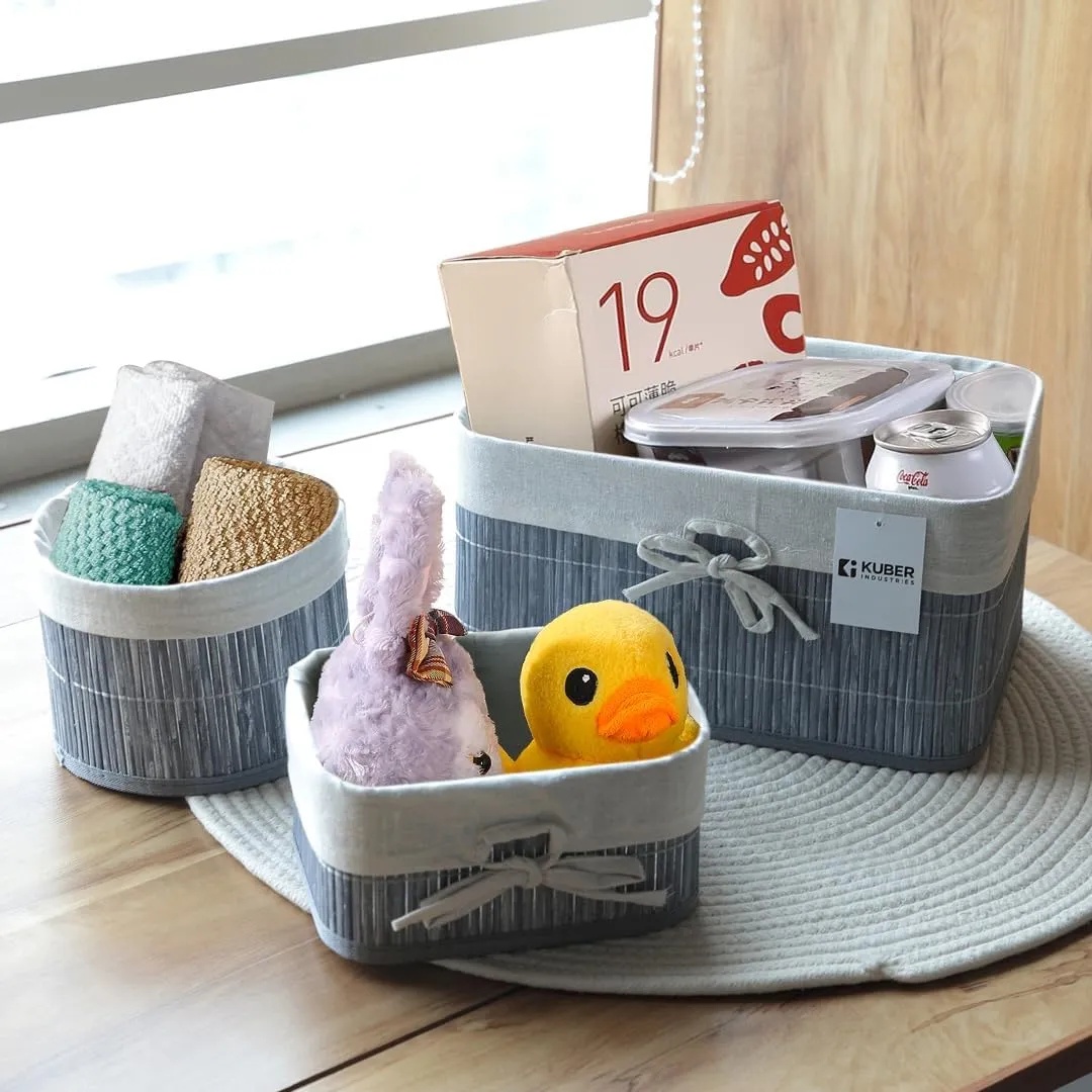 Kuber Industries Pack of 8 Bamboo Storage Basket With Liner|Fodable Storage Organizer|Box For Cloth, Toiletry, Bathroom|Capacity 12.9L, 6L, 3L, 3.3L|GREY|