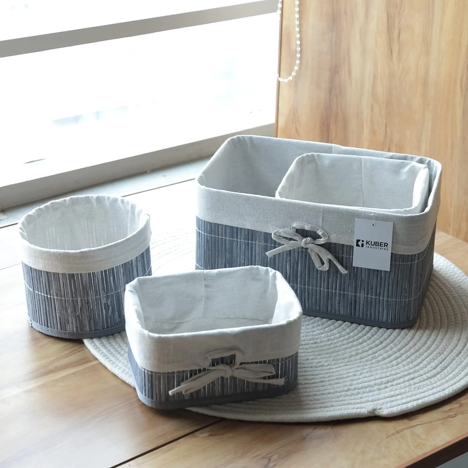 Kuber Industries Pack of 8 Bamboo Storage Basket With Liner|Fodable Storage Organizer|Box For Cloth, Toiletry, Bathroom|Capacity 12.9L, 6L, 3L, 3.3L|GREY|