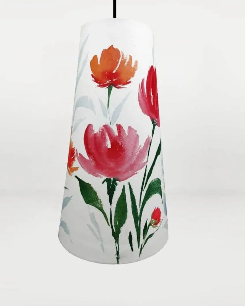Lillies Hand Painted Cotton Shaded Long Cone Pendant Lamp