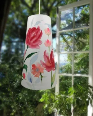 Lillies Hand Painted Cotton Shaded Long Cone Pendant Lamp