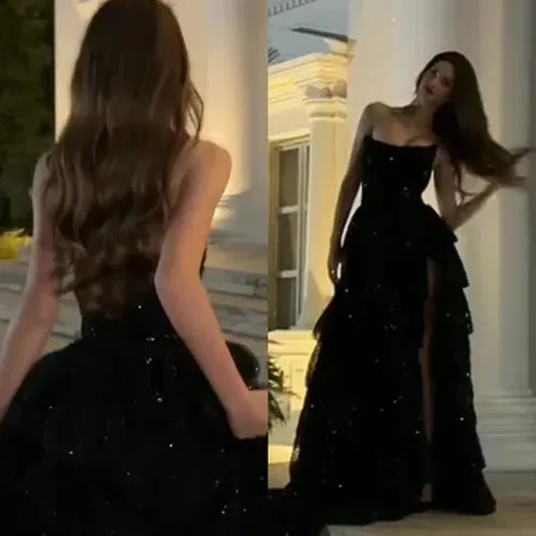 Luolandi Dress Multi-layer Shiny Elegant Evening Dress for Women Luxury Party Dress Black Prom Dress