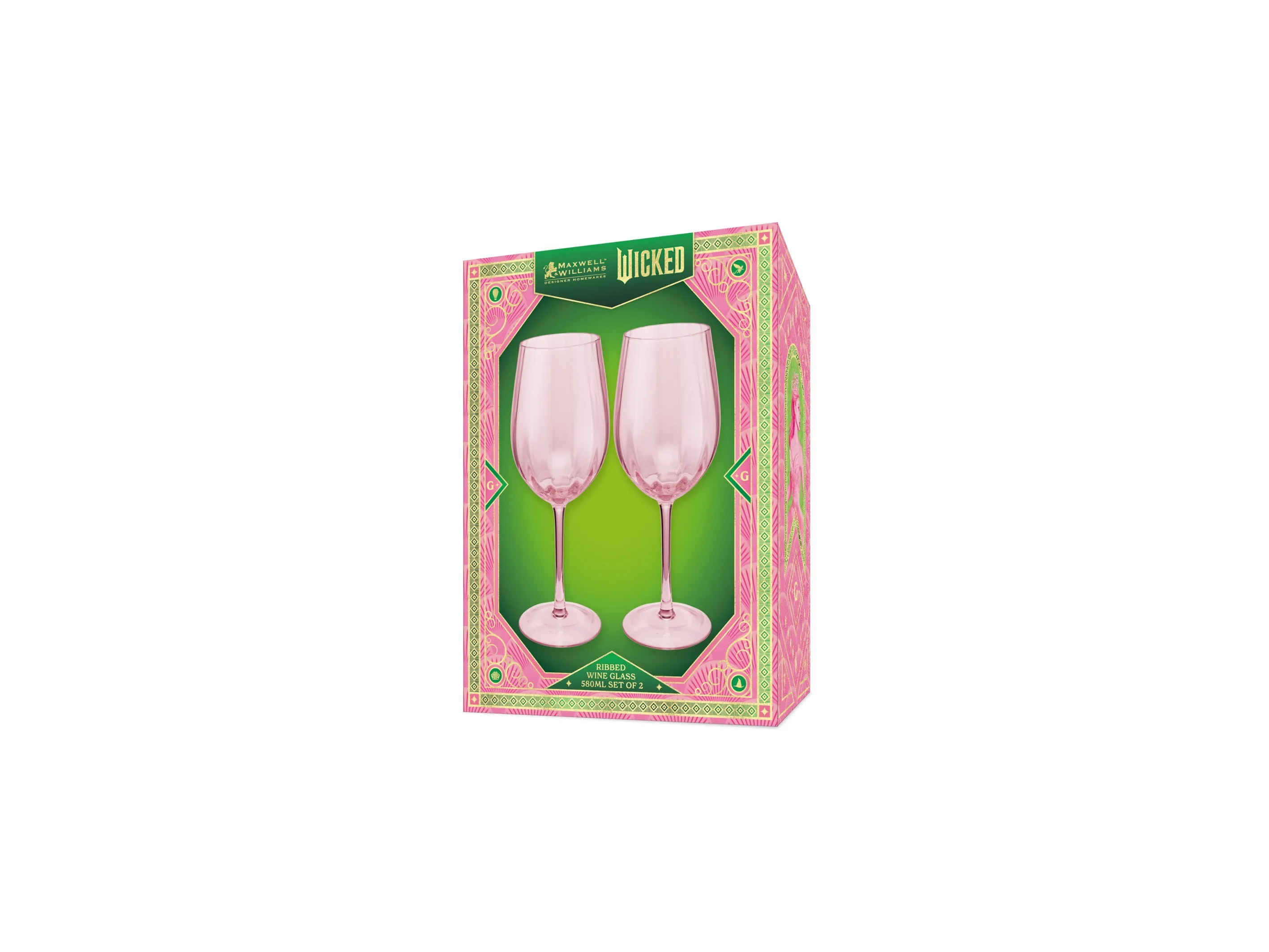Maxwell & Williams Wicked Pink Goes Good With Green Ribbed Wine Glasses - Glinda Set of 2