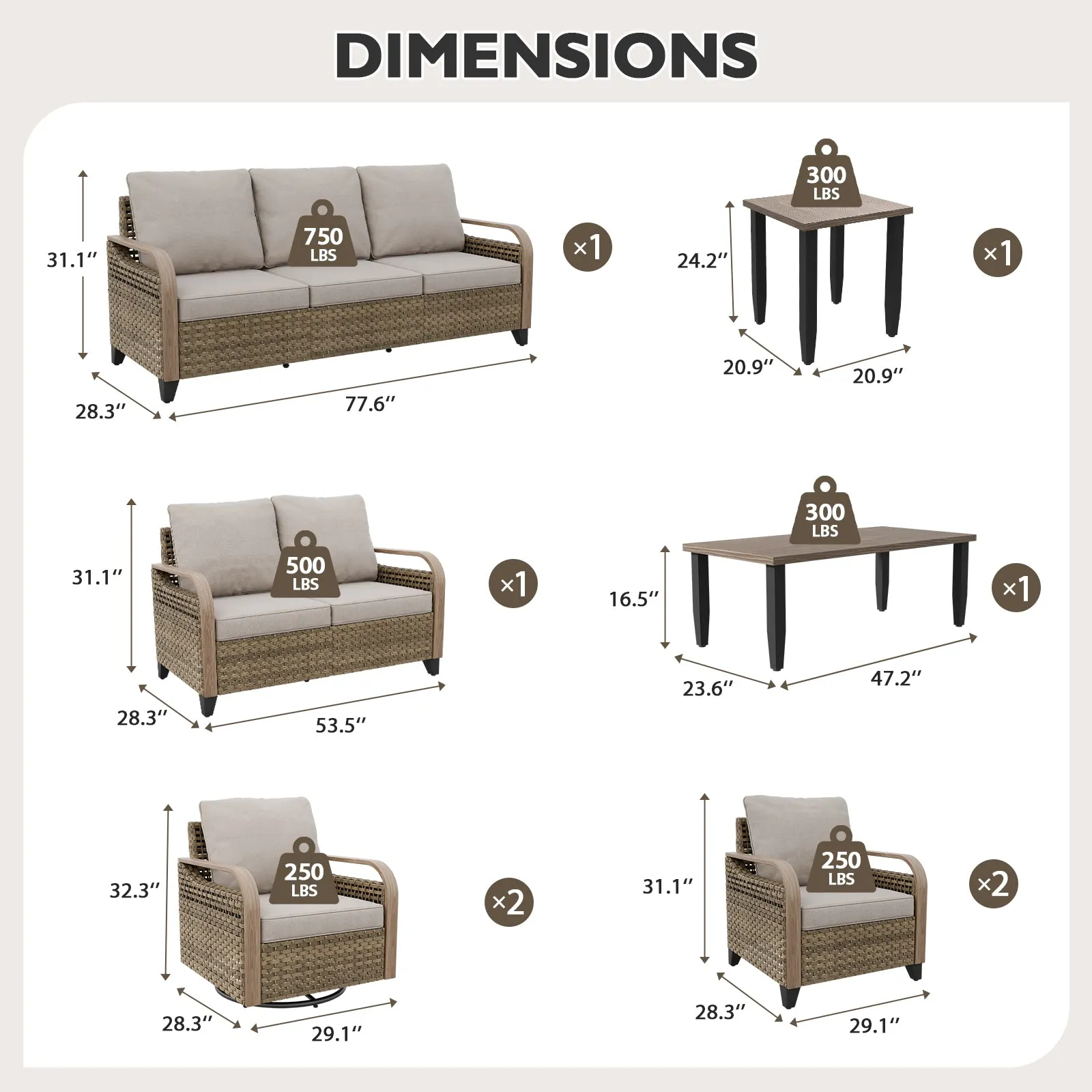 Modern Wicker Outdoor Patio Furniture Set, 2 Patio Chairs, 2 Swivel Rocker Chairs, 3-Seat Sofa, Loveseat, Coffee Table and Side Table, 8 Pieces, Brown/Gray