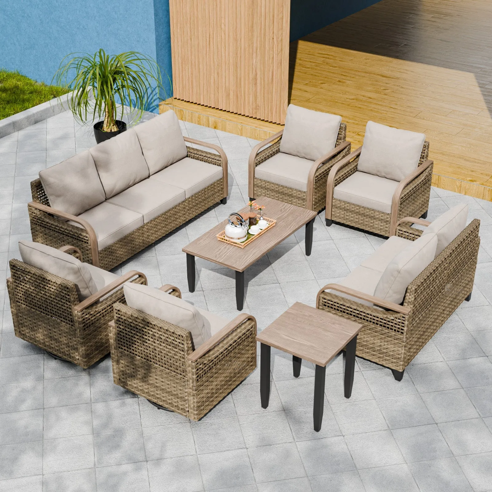 Modern Wicker Outdoor Patio Furniture Set, 2 Patio Chairs, 2 Swivel Rocker Chairs, 3-Seat Sofa, Loveseat, Coffee Table and Side Table, 8 Pieces, Brown/Gray