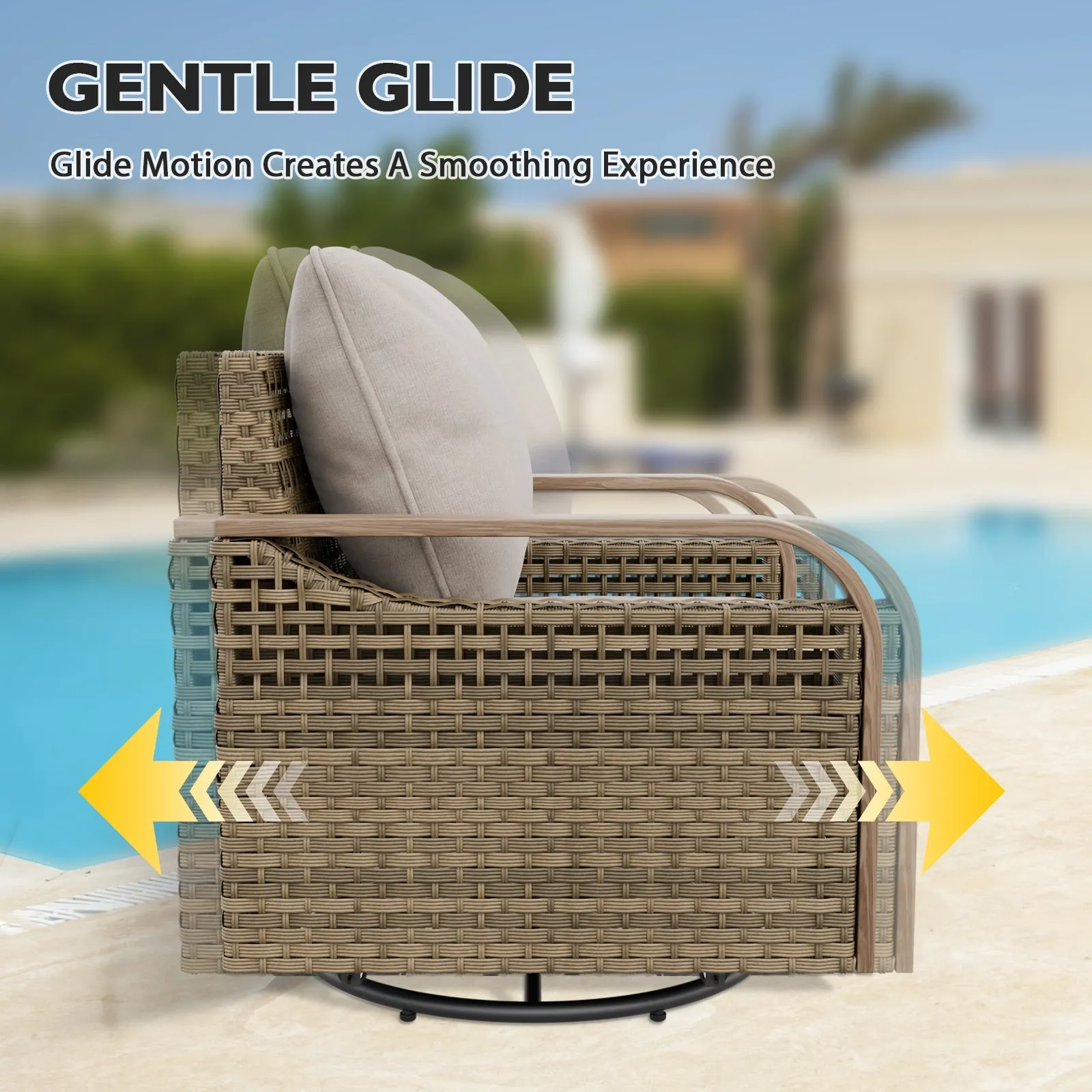 Modern Wicker Outdoor Patio Furniture Set, 2 Patio Chairs, 2 Swivel Rocker Chairs, 3-Seat Sofa, Loveseat, Coffee Table and Side Table, 8 Pieces, Brown/Gray