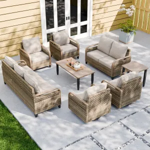 Modern Wicker Outdoor Patio Furniture Set, 2 Patio Chairs, 2 Swivel Rocker Chairs, 3-Seat Sofa, Loveseat, Coffee Table and Side Table, 8 Pieces, Brown/Gray