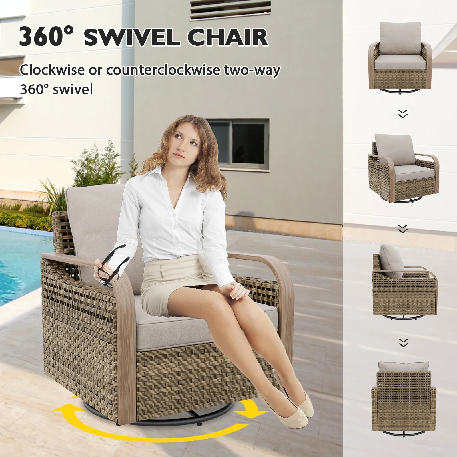 Modern Wicker Outdoor Patio Furniture Set, 2 Patio Chairs, 2 Swivel Rocker Chairs, 3-Seat Sofa, Loveseat, Coffee Table and Side Table, 8 Pieces, Brown/Gray