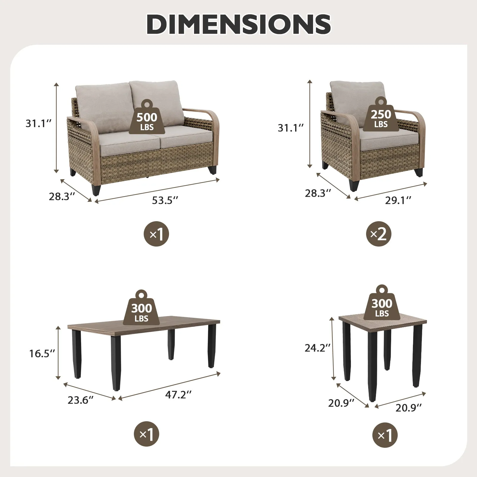 Modern Wicker Outdoor Patio Furniture Set,2 Patio Chairs, 2-Seat Loveseat, Coffee Table and Side Table, 5 Pieces, Brown/Gray