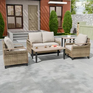 Modern Wicker Outdoor Patio Furniture Set,2 Patio Chairs, 2-Seat Loveseat, Coffee Table and Side Table, 5 Pieces, Brown/Gray