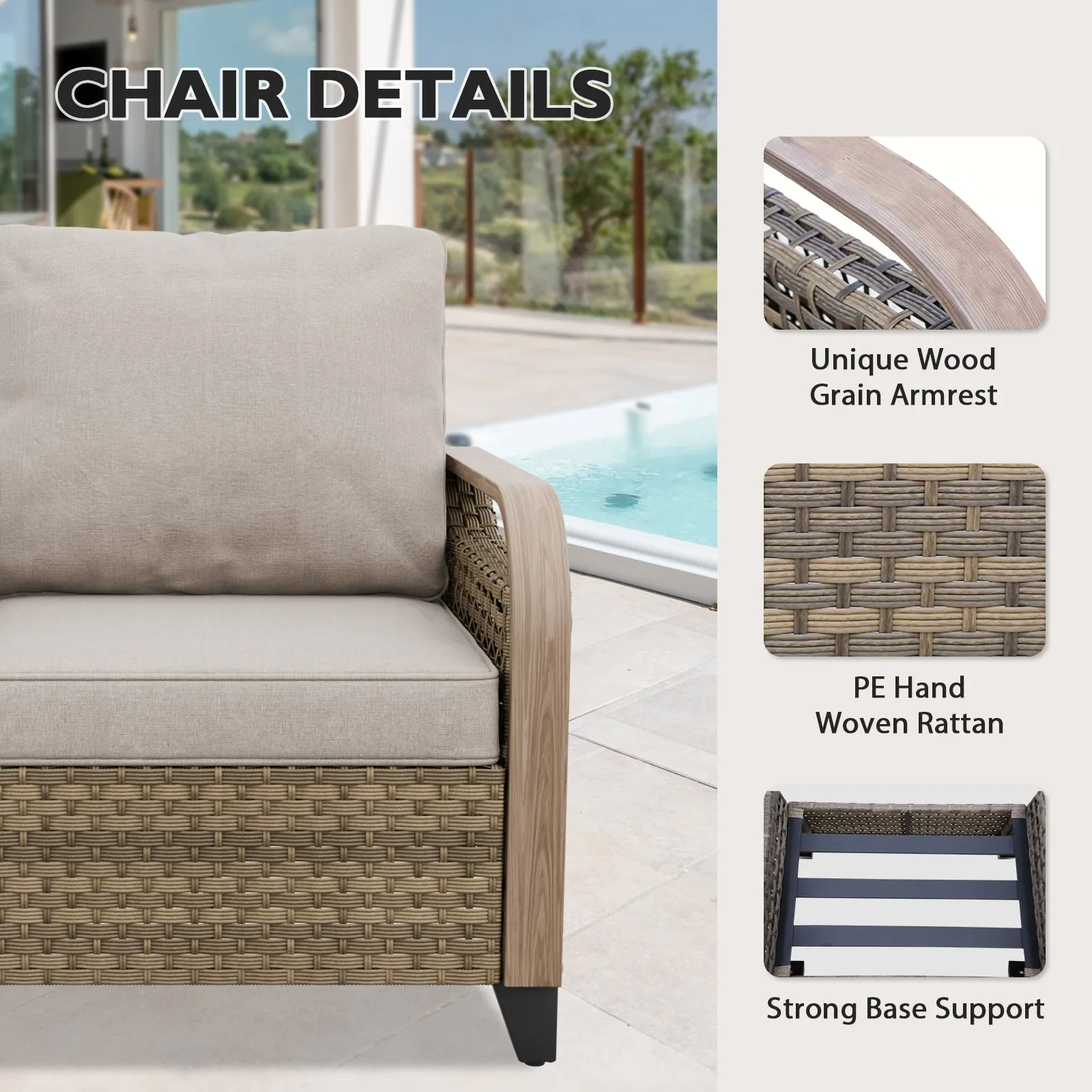 Modern Wicker Outdoor Patio Furniture Set,2 Patio Chairs, 2-Seat Loveseat, Coffee Table and Side Table, 5 Pieces, Brown/Gray