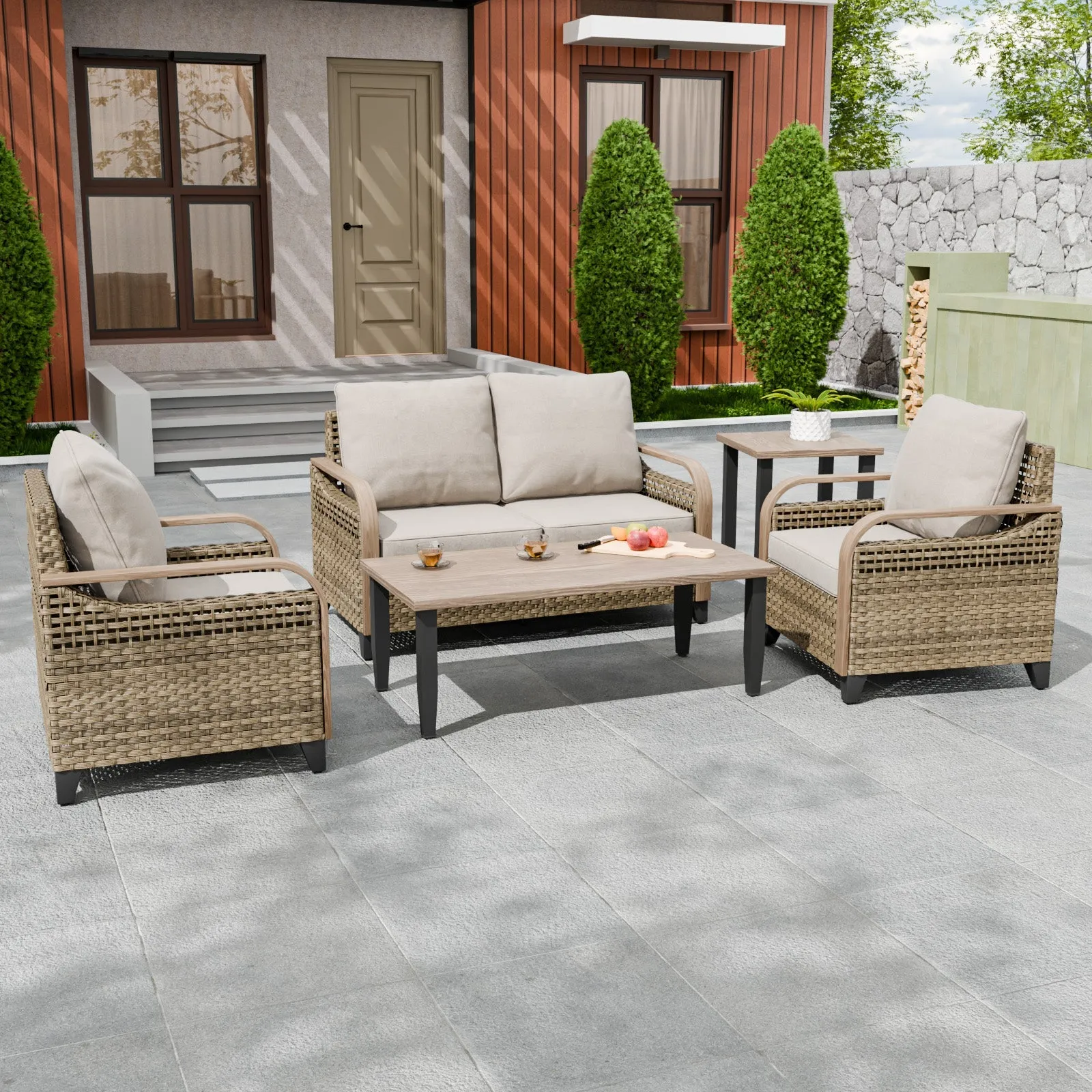 Modern Wicker Outdoor Patio Furniture Set,2 Patio Chairs, 2-Seat Loveseat, Coffee Table and Side Table, 5 Pieces, Brown/Gray