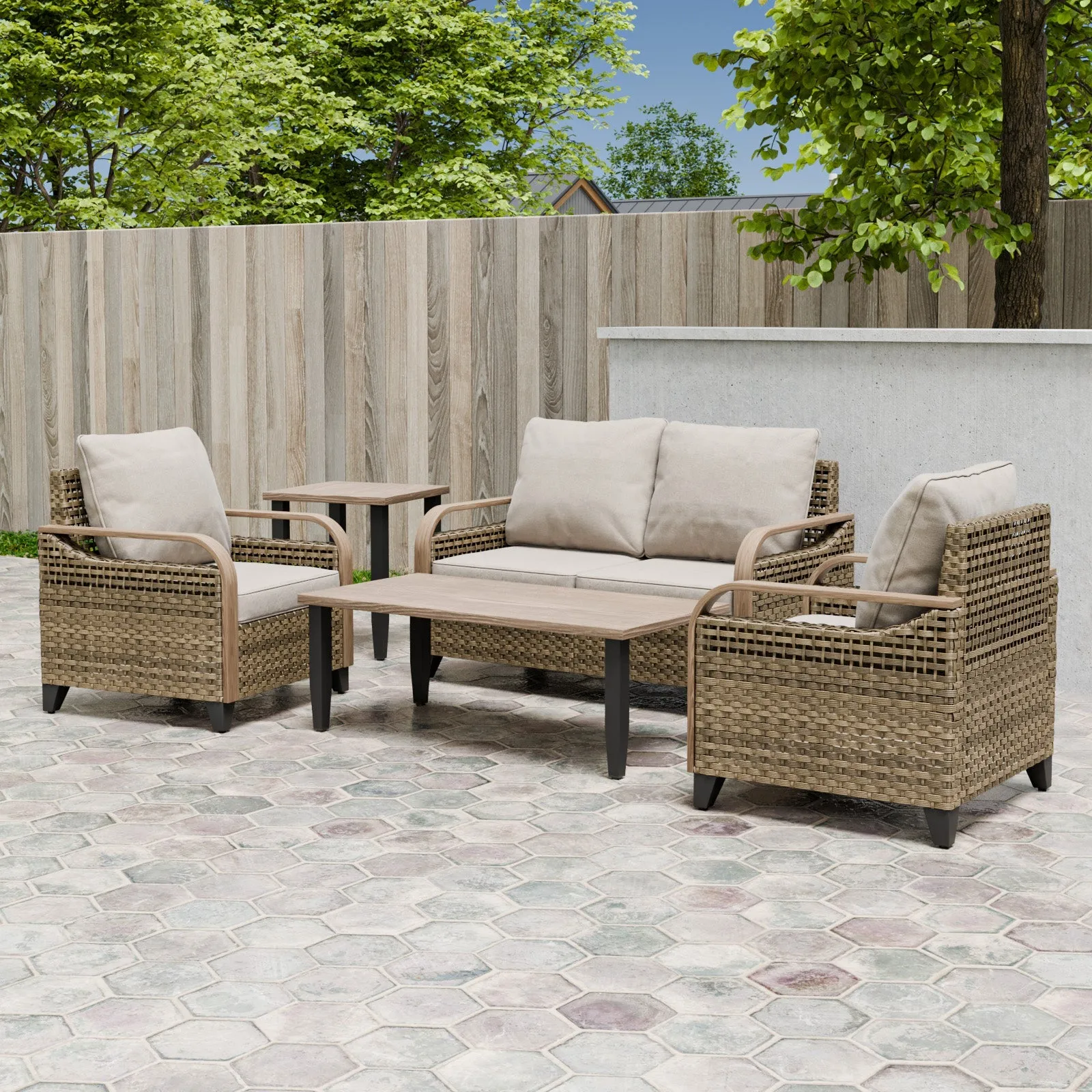 Modern Wicker Outdoor Patio Furniture Set,2 Patio Chairs, 2-Seat Loveseat, Coffee Table and Side Table, 5 Pieces, Brown/Gray