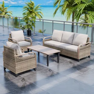 Modern Wicker Outdoor Patio Furniture Set,2 Patio Chairs, 3-Seat Loveseat and Coffee Table, 4 Pieces, Brown/Gray