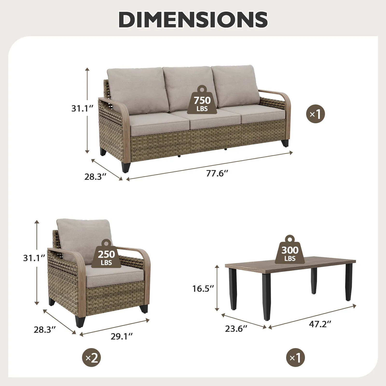 Modern Wicker Outdoor Patio Furniture Set,2 Patio Chairs, 3-Seat Loveseat and Coffee Table, 4 Pieces, Brown/Gray