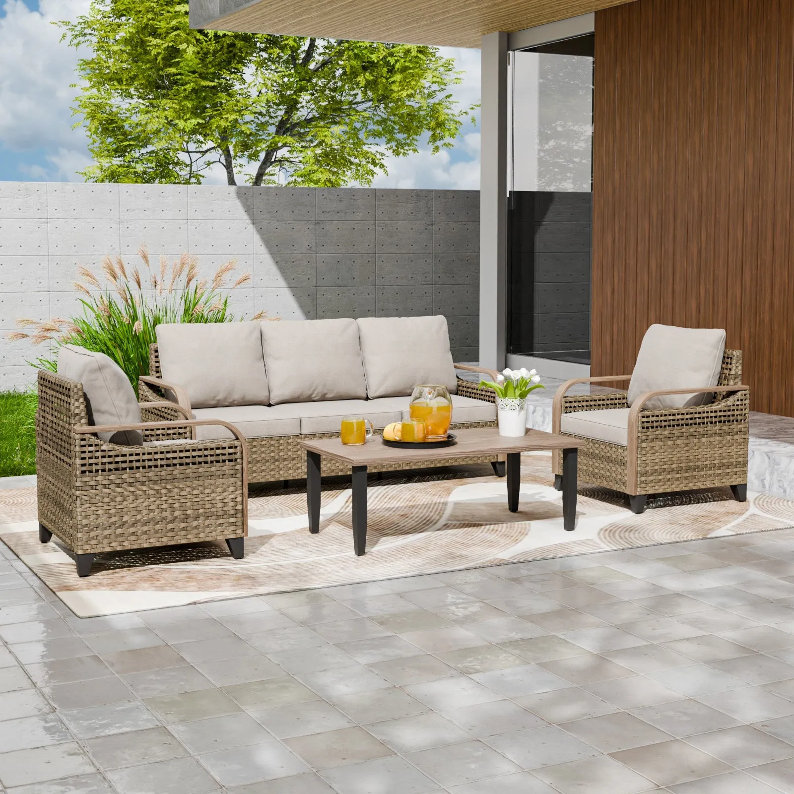Modern Wicker Outdoor Patio Furniture Set,2 Patio Chairs, 3-Seat Loveseat and Coffee Table, 4 Pieces, Brown/Gray