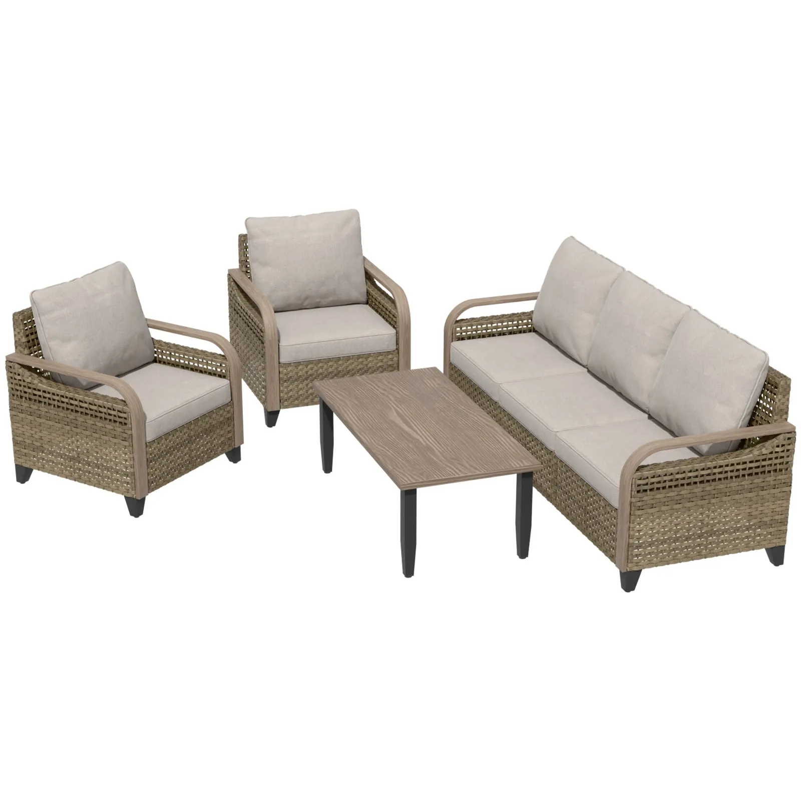 Modern Wicker Outdoor Patio Furniture Set,2 Patio Chairs, 3-Seat Loveseat and Coffee Table, 4 Pieces, Brown/Gray