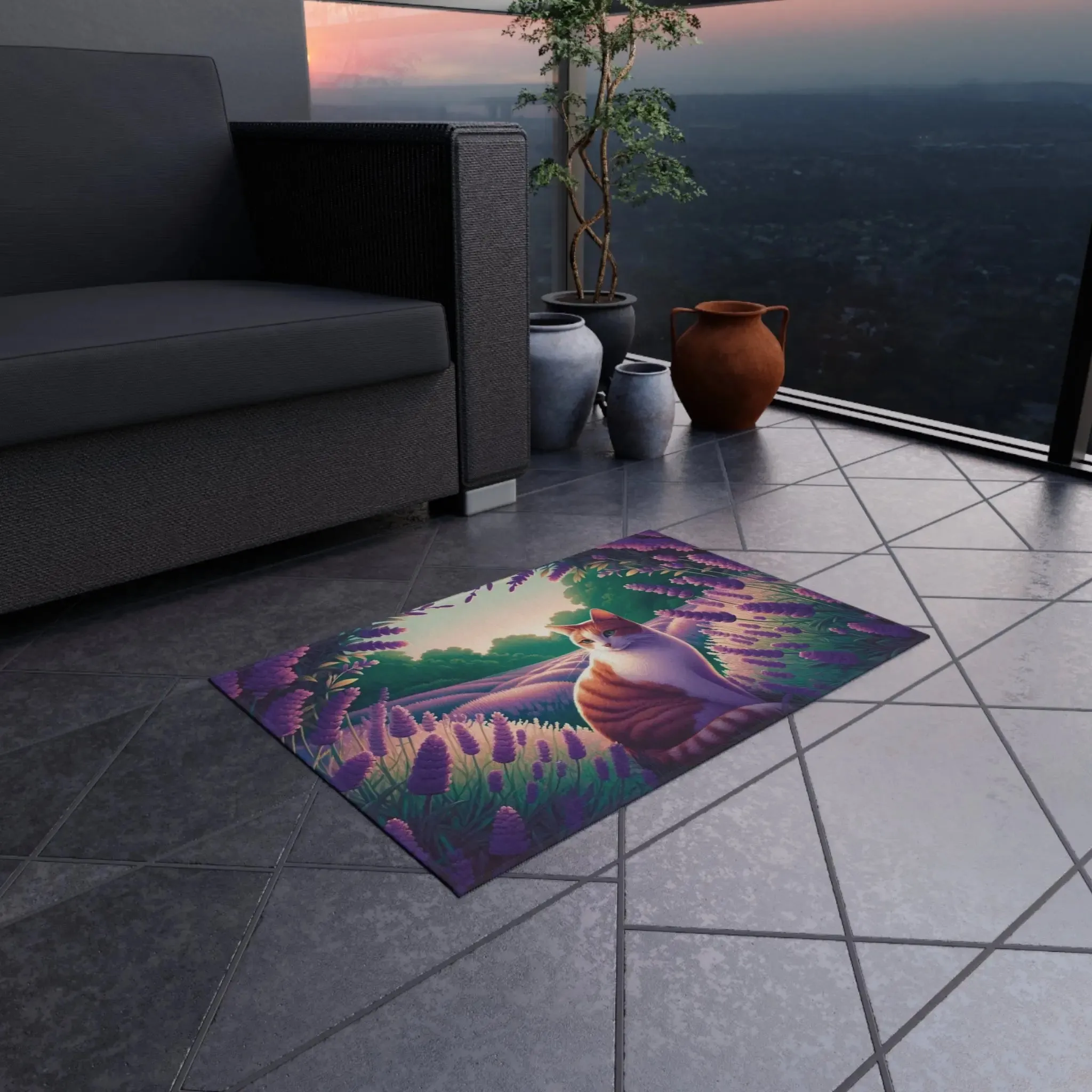 Orange Cat in Lavender Fields - Indoor/Outdoor Rug