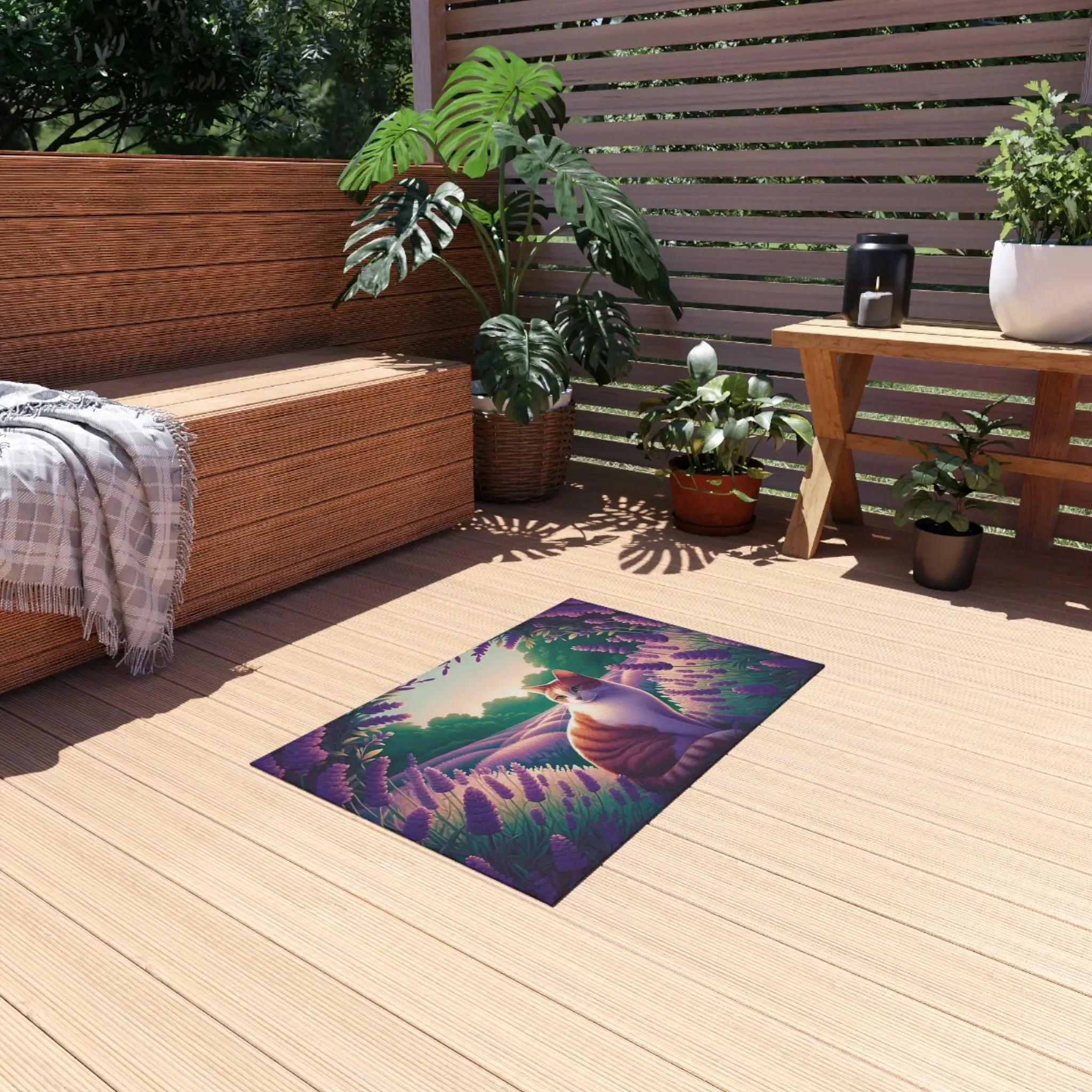 Orange Cat in Lavender Fields - Indoor/Outdoor Rug