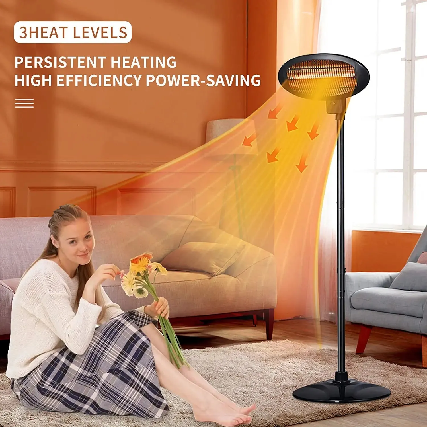 Portable Patio Electric Heater, Indoor and Outdoor, Raised and Lowered, 500W/1000W/1500W, Quiet, Automatic Power off (Black)