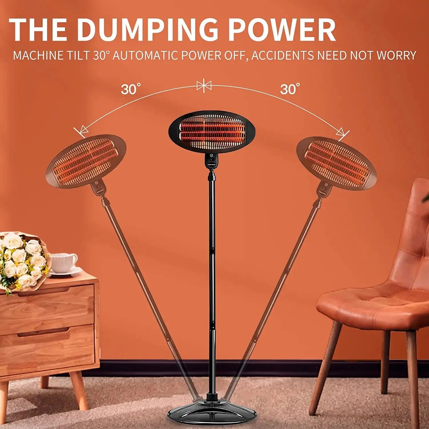 Portable Patio Electric Heater, Indoor and Outdoor, Raised and Lowered, 500W/1000W/1500W, Quiet, Automatic Power off (Black)