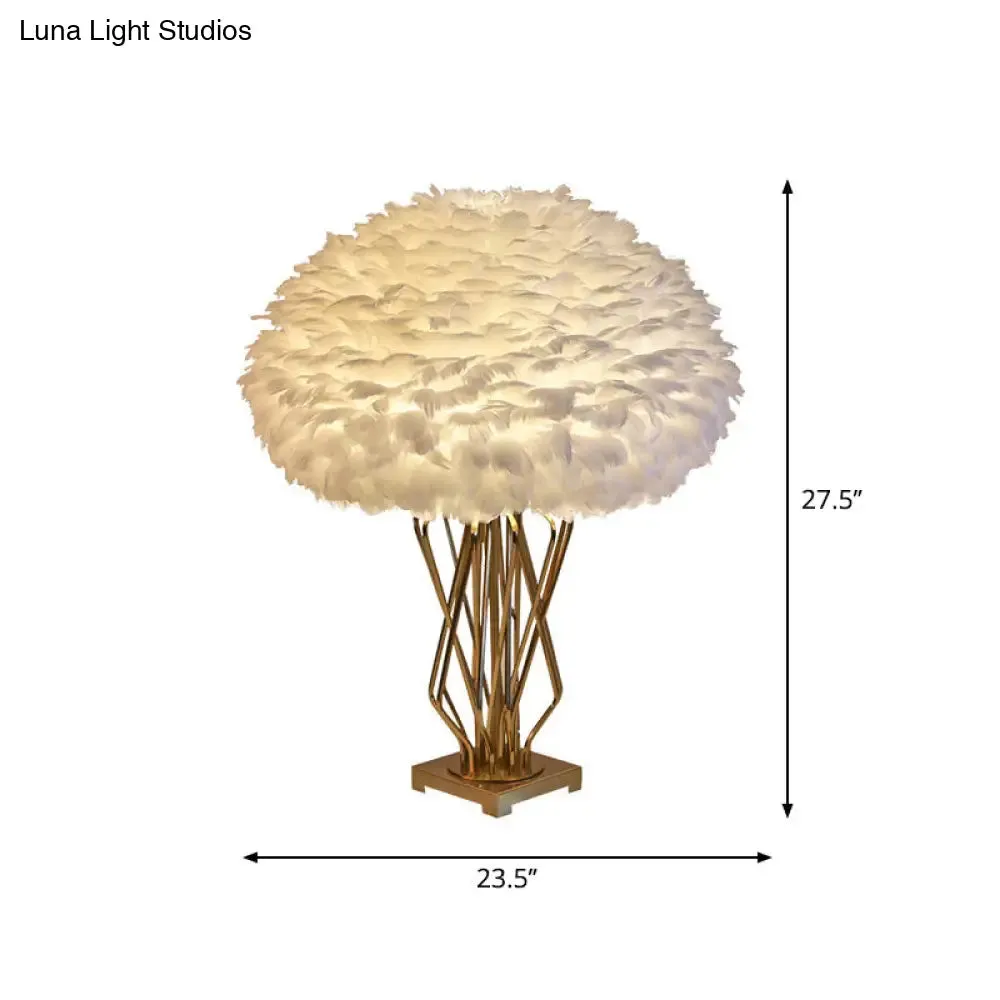Rasalas - Feather Half-Globe Feather Table Lamp Post-Modern Single White and Brass Night Light with Open Urn Shaped Base