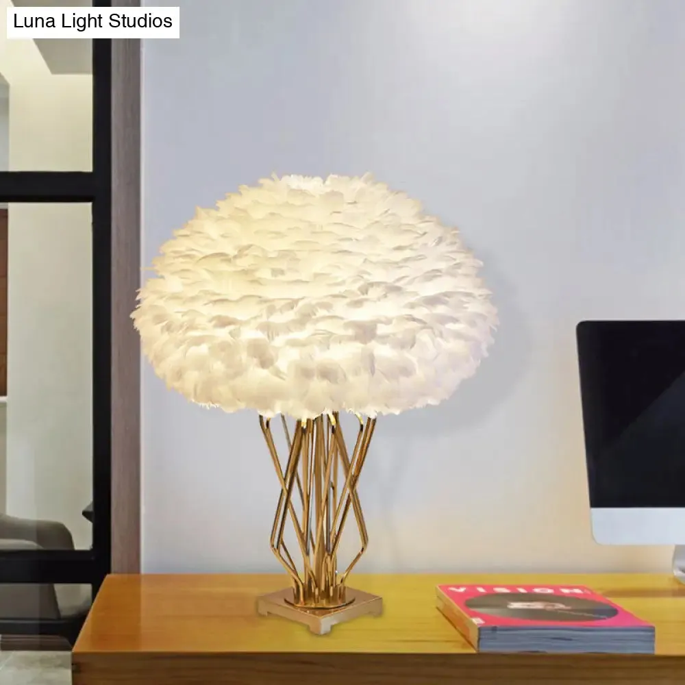 Rasalas - Feather Half-Globe Feather Table Lamp Post-Modern Single White and Brass Night Light with Open Urn Shaped Base