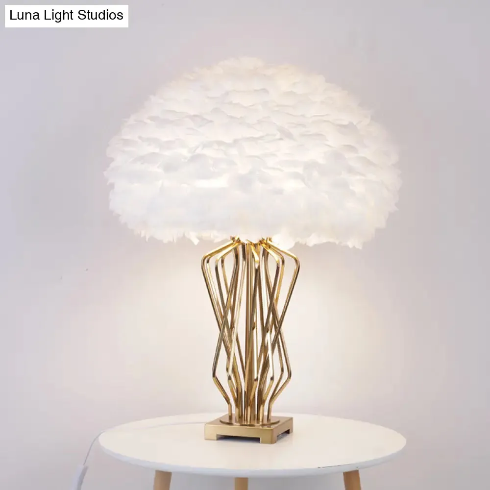Rasalas - Feather Half-Globe Feather Table Lamp Post-Modern Single White and Brass Night Light with Open Urn Shaped Base