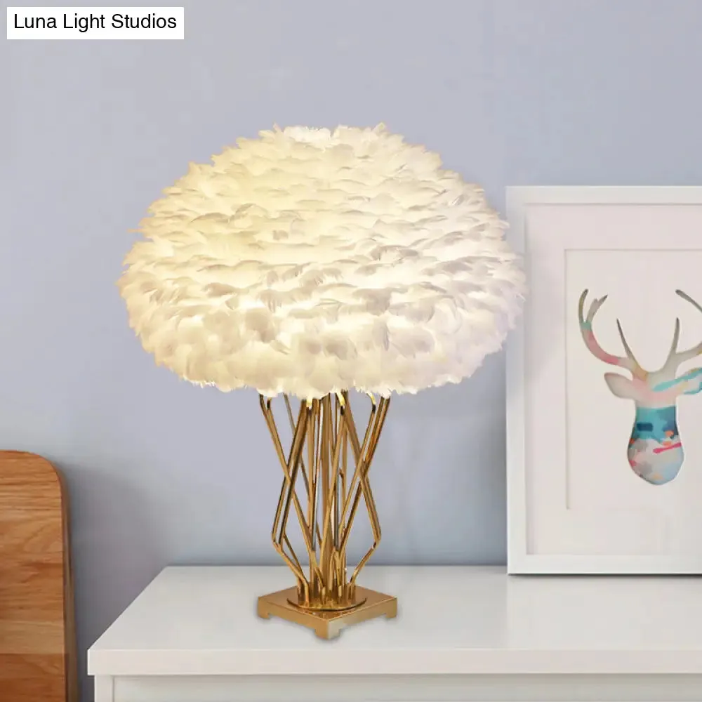 Rasalas - Feather Half-Globe Feather Table Lamp Post-Modern Single White and Brass Night Light with Open Urn Shaped Base