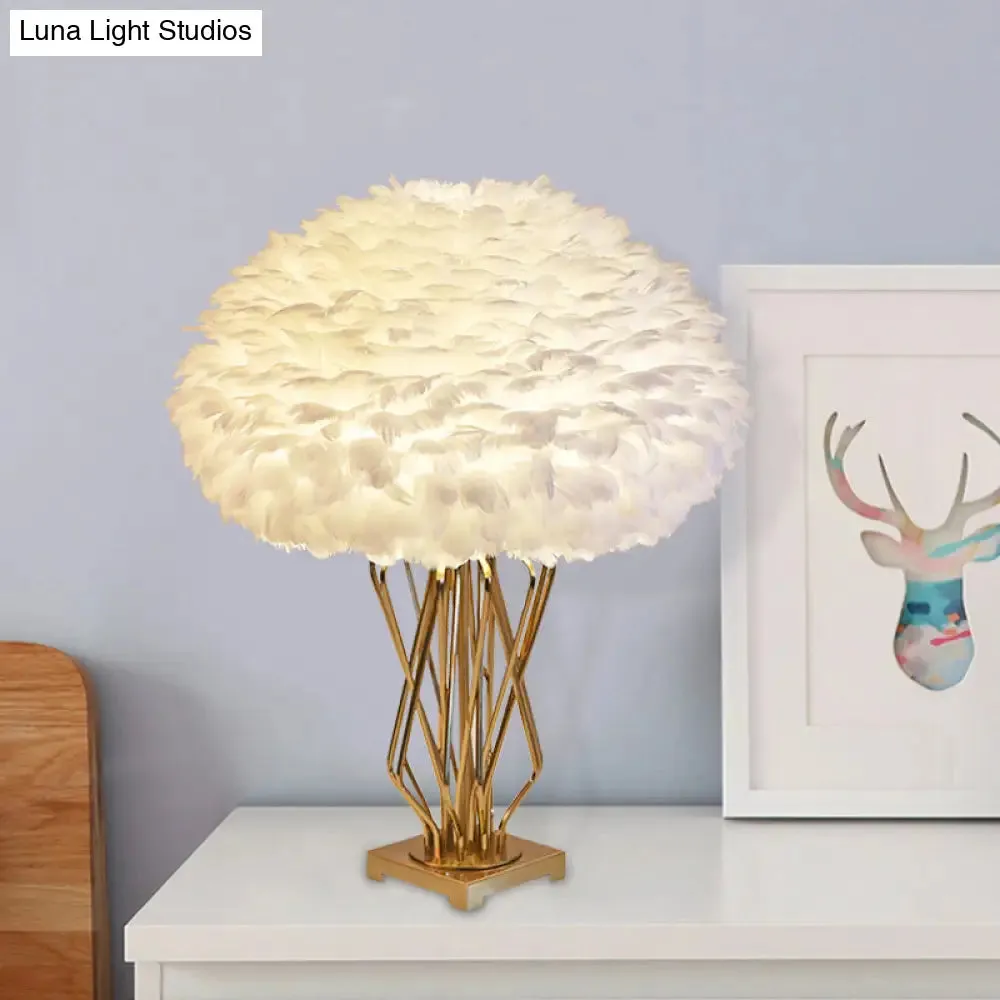 Rasalas - Feather Half-Globe Feather Table Lamp Post-Modern Single White and Brass Night Light with Open Urn Shaped Base