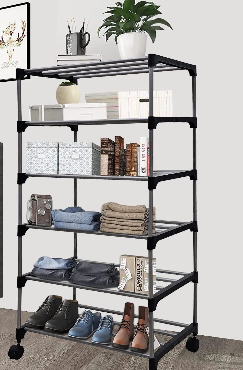 Raxon World 6 Layer Open Shoe Rack, Black