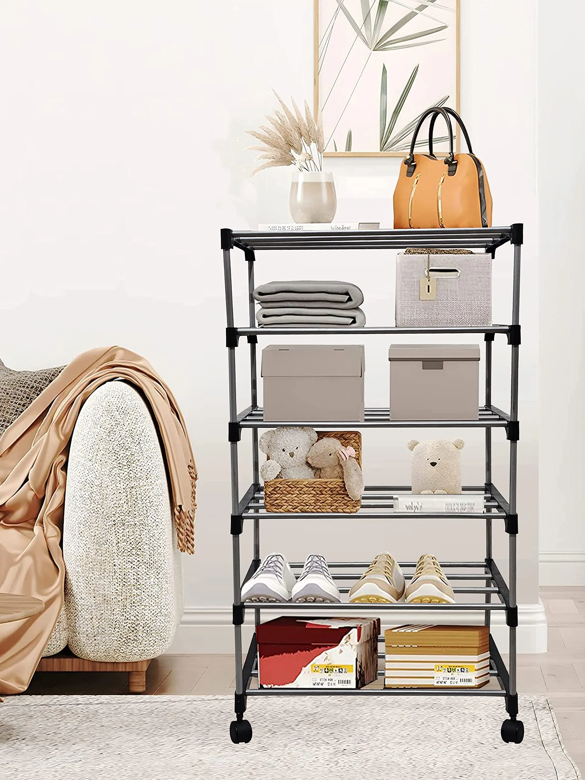 Raxon World 6 Layer Open Shoe Rack, Black