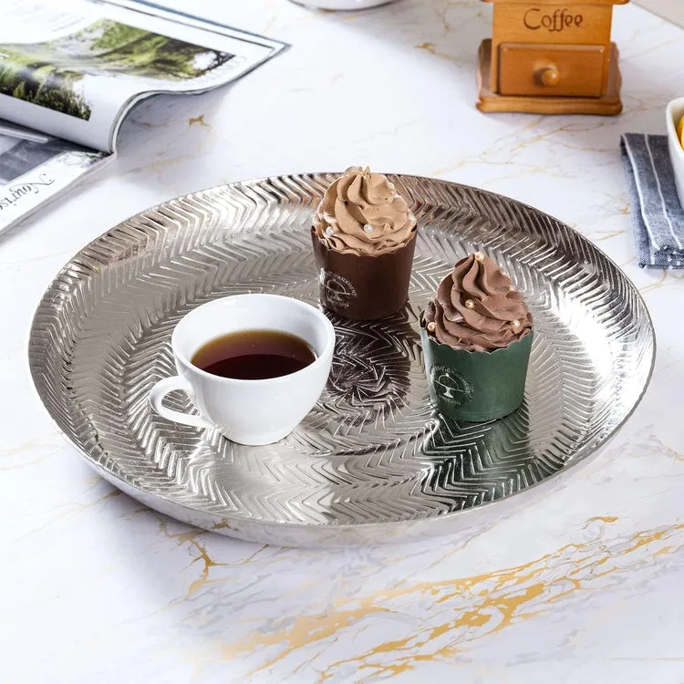 Round Etched Design Silver Tone Metal Serving Tray, Decorative Centerpiece Platter Display for Dining and Coffee Table