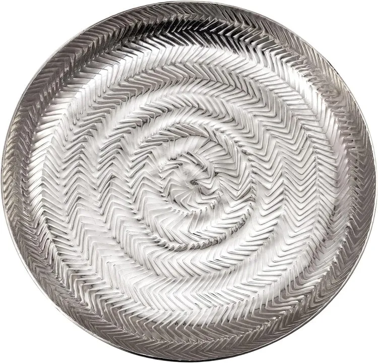 Round Etched Design Silver Tone Metal Serving Tray, Decorative Centerpiece Platter Display for Dining and Coffee Table