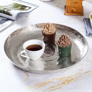 Round Etched Design Silver Tone Metal Serving Tray, Decorative Centerpiece Platter Display for Dining and Coffee Table