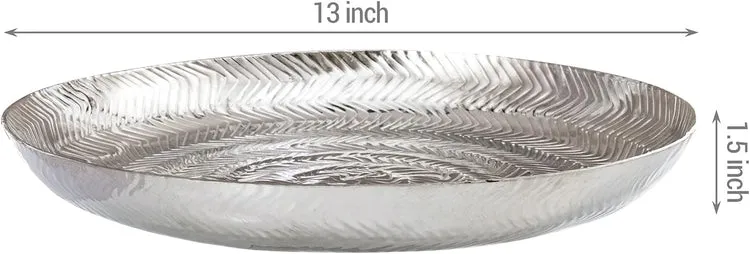 Round Etched Design Silver Tone Metal Serving Tray, Decorative Centerpiece Platter Display for Dining and Coffee Table