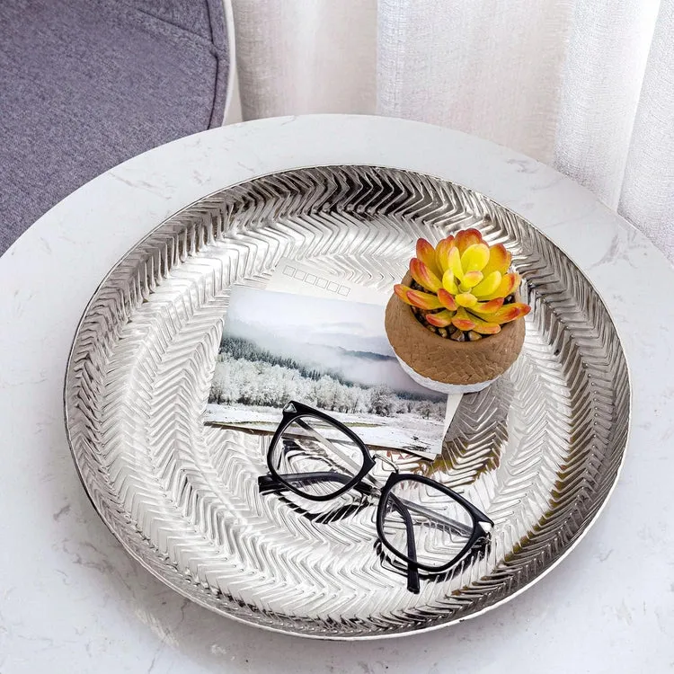 Round Etched Design Silver Tone Metal Serving Tray, Decorative Centerpiece Platter Display for Dining and Coffee Table