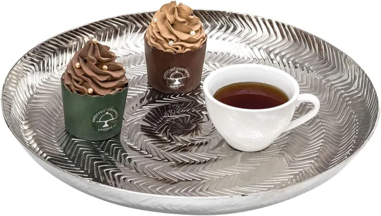 Round Etched Design Silver Tone Metal Serving Tray, Decorative Centerpiece Platter Display for Dining and Coffee Table