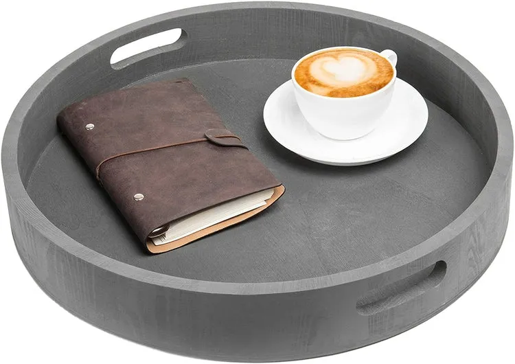 Round Nesting Charcoal Gray Wood Serving Trays, Set of 2
