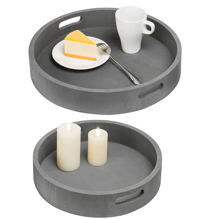 Round Nesting Charcoal Gray Wood Serving Trays, Set of 2