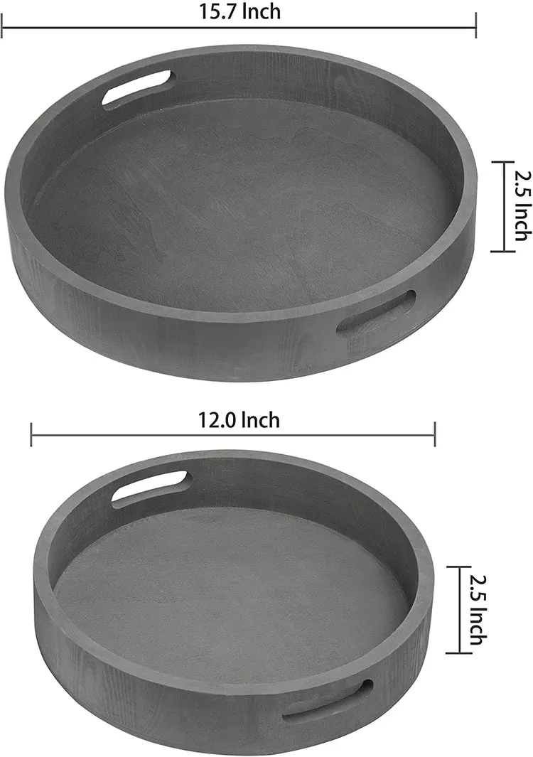 Round Nesting Charcoal Gray Wood Serving Trays, Set of 2