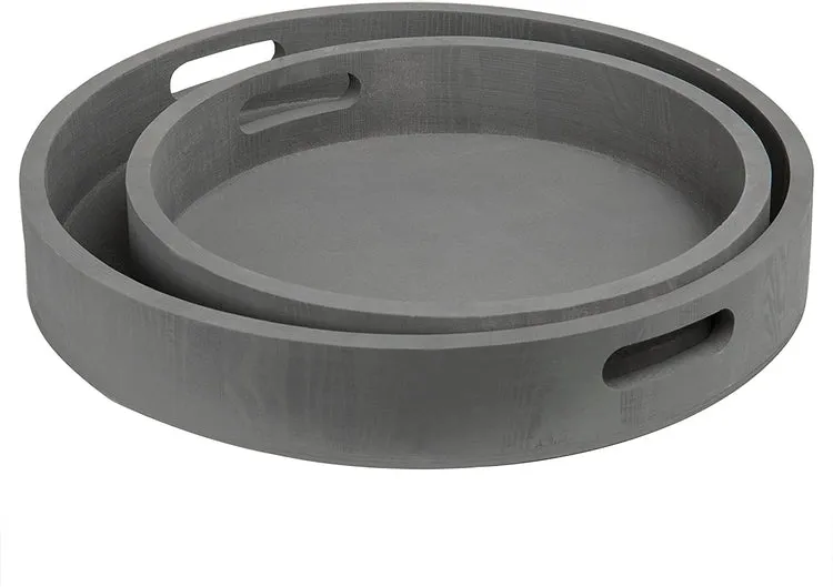 Round Nesting Charcoal Gray Wood Serving Trays, Set of 2