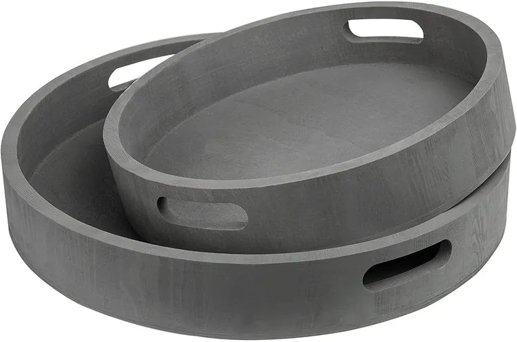Round Nesting Charcoal Gray Wood Serving Trays, Set of 2