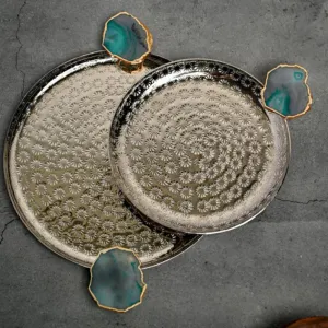 Samitha Aluminium Platter With Agate Decoration (Green) - Set Of Two