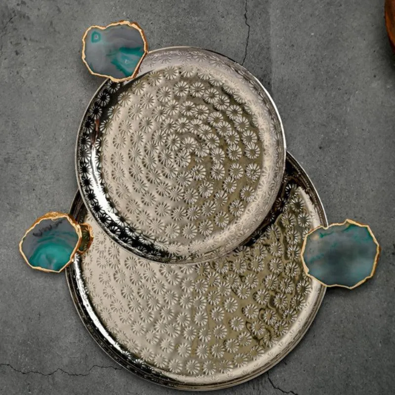 Samitha Aluminium Platter With Agate Decoration (Green) - Set Of Two