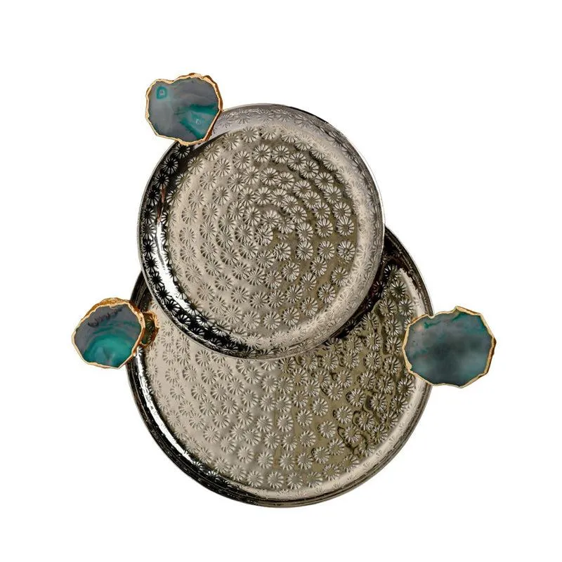 Samitha Aluminium Platter With Agate Decoration (Green) - Set Of Two